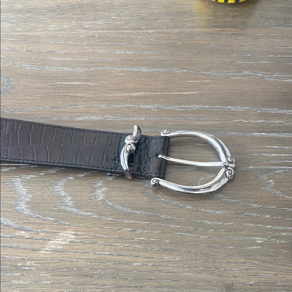 Brighton Black Croc-Embossed Belt with Ornate Silver Buckle